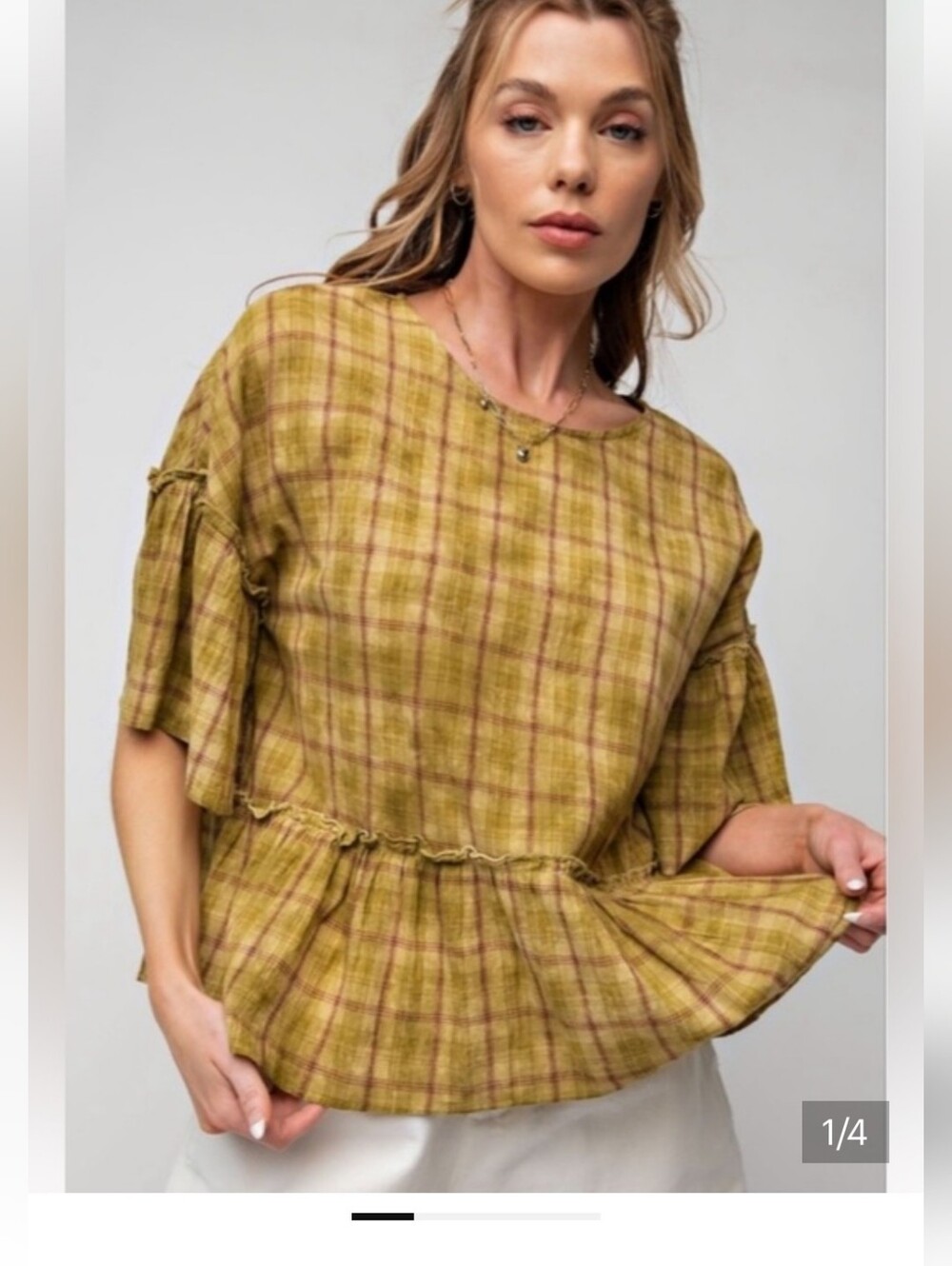 NWT easel Olive Plaid Over Dye Washed Ruffle-Hem Top Size 2X